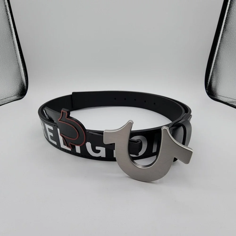 True Religion Mens Belt Holo Sage Black Heavyweight Horseshoe Buckle Size 38 NEW